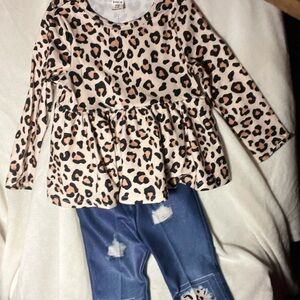 Leopard Print Peplum Top and Distressed Jeans Set